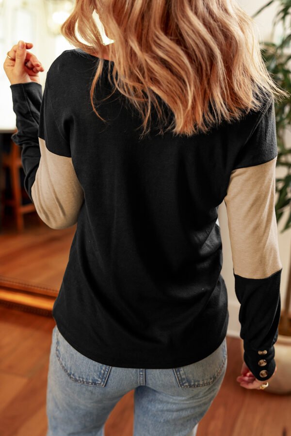 Parchment Colorblock Button Decor Long Sleeve V Neck Top