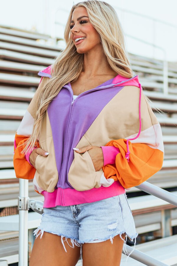 Grapefruit Orange Oversized Colorblock Patchwork Full Zipped Hoodie