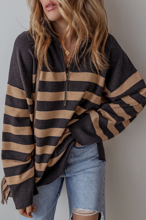 Black Stripe Collared Quarter Zipper Oversized Sweater