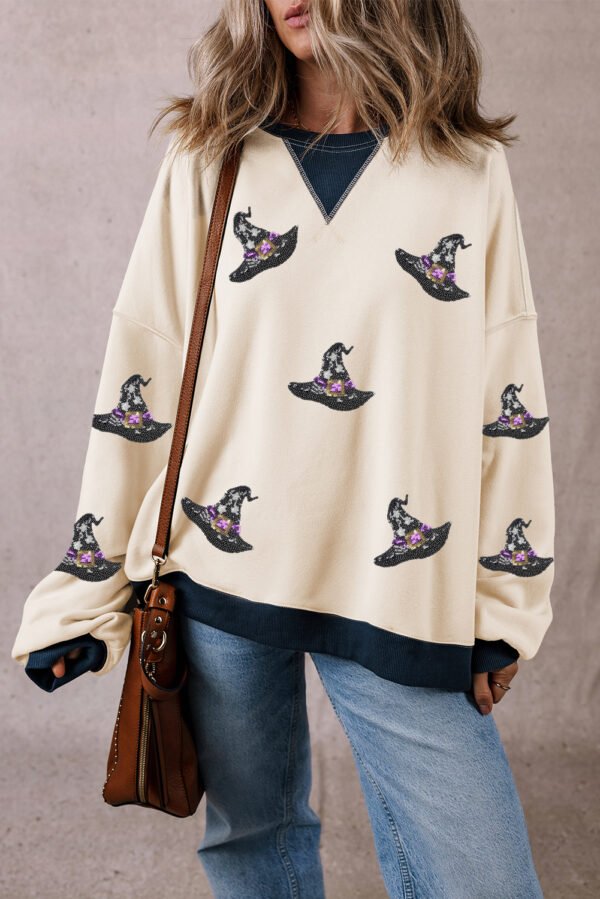 White Halloween Witch Hat Patched Pattern Colorblock Edge Oversized Sweatshirt