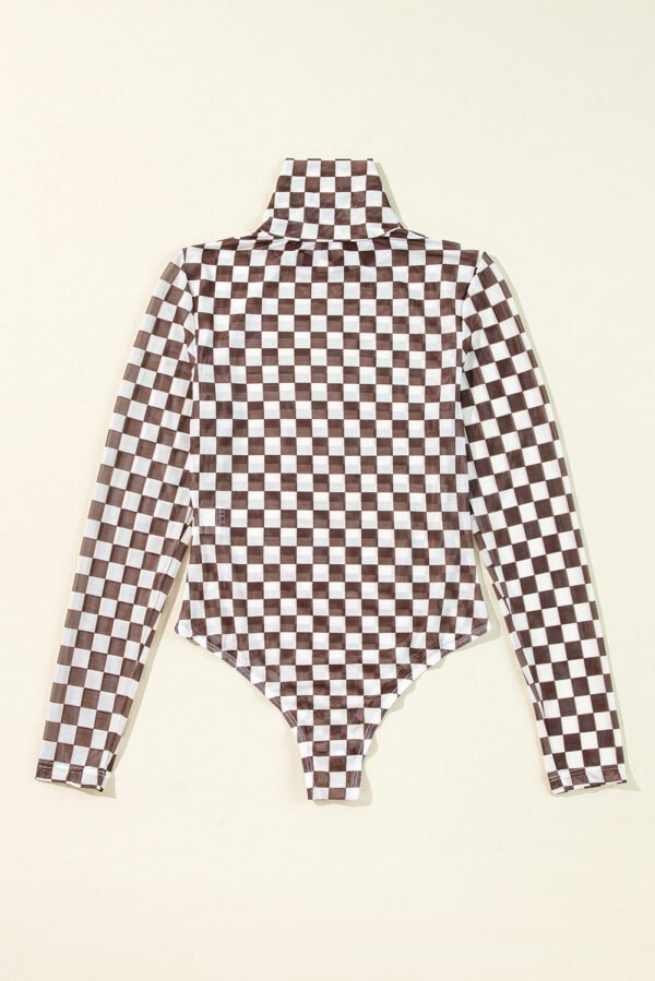 Brown Checkered Printed Long Sleeve High Neck Bodysuit