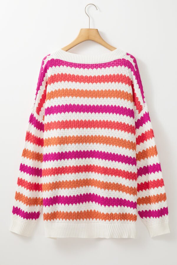 Pink Stripe V Neck Drop Shoulder Plus Size Sweater