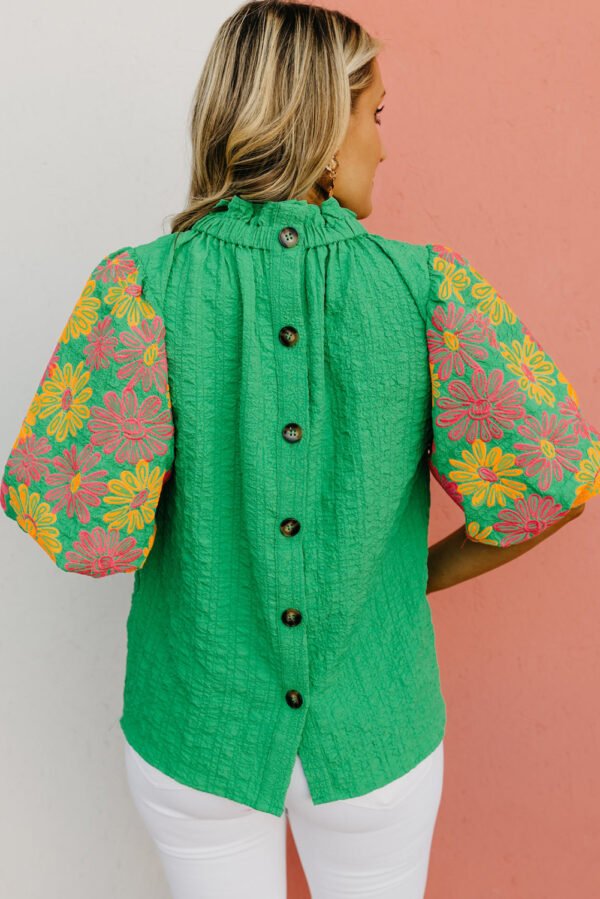 Bright Green Floral Puff Short Sleeve Ruffled Collar Button Back Top