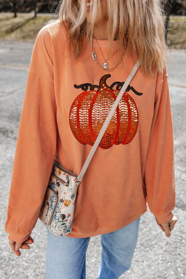 Orange Sequined Pumpkin Ribbed Round Neck Halloween Sweatshirt