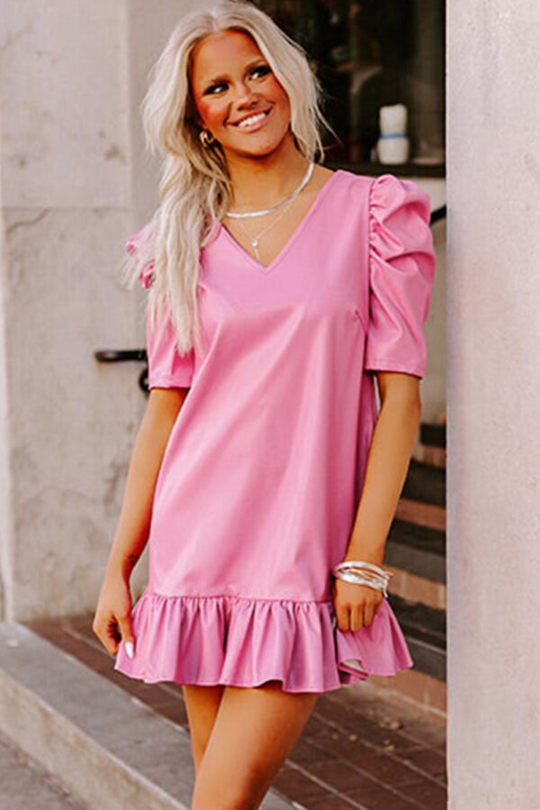 Sachet Pink Pleather Bubble Short Sleeve V Neck Ruffled Hem Mini Dress