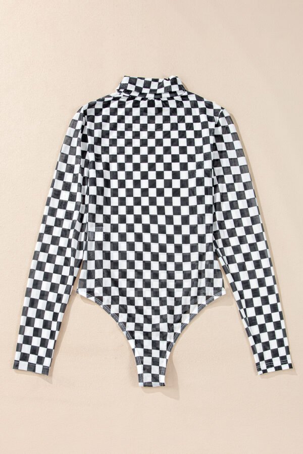 Black Checkered Printed Long Sleeve High Neck Bodysuit