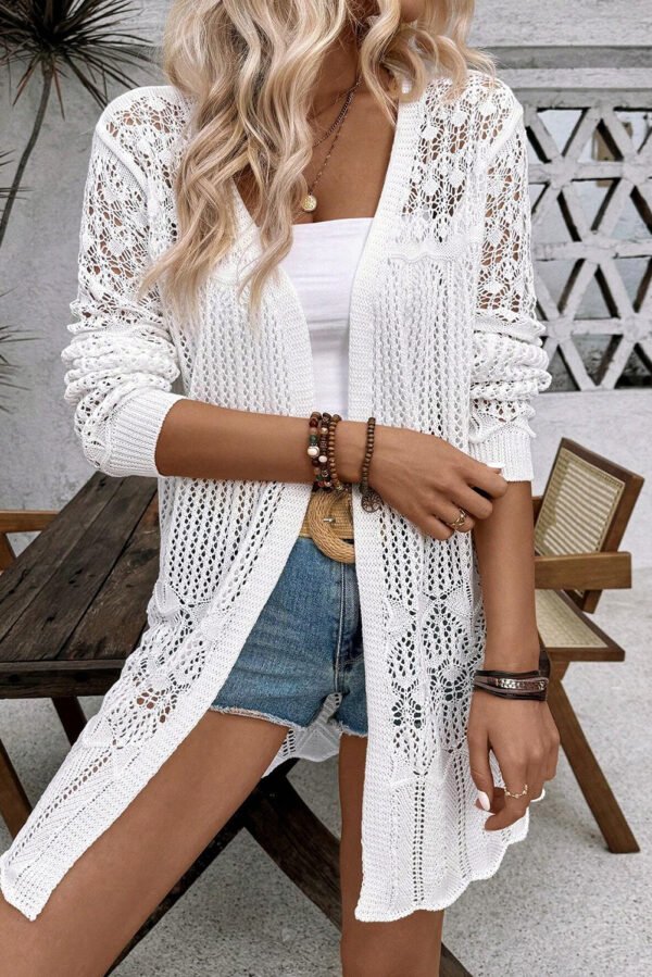 White Crochet Hollow Out Open Front Cardigan