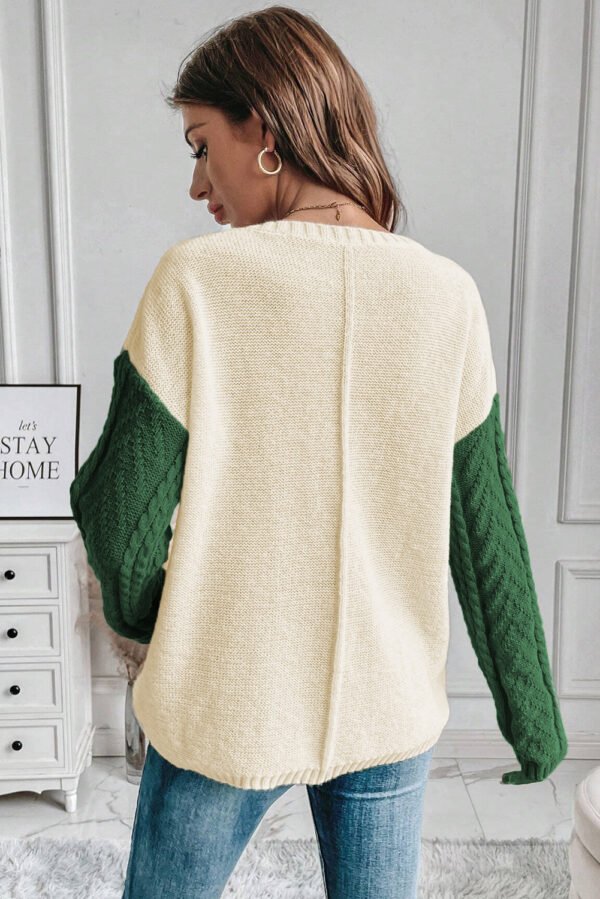 Mist Green Plus Size Cable Knit Color Block Drop Shoulder Sweater