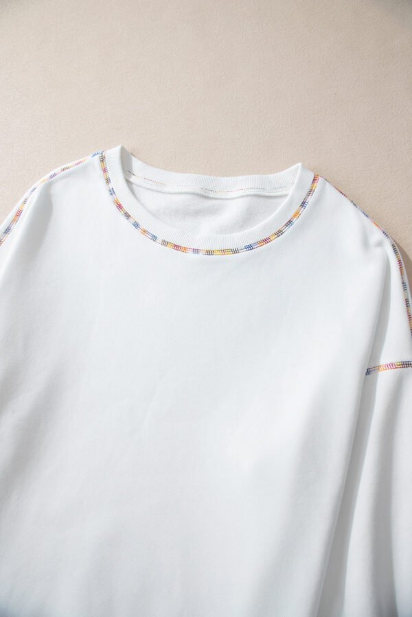 White Contrast Rainbow Trim Drop Shoulder Pullover Sweatshirt