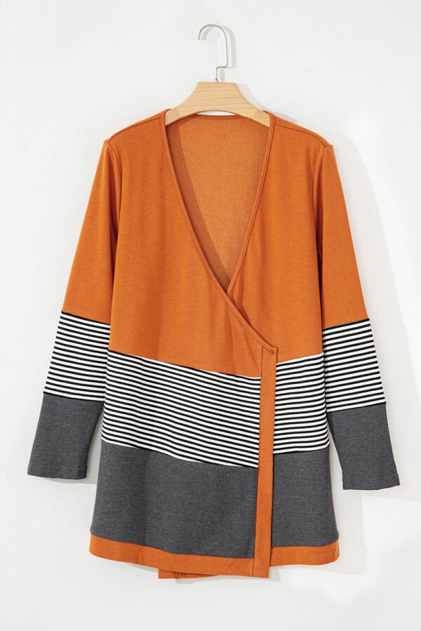 Orange Colorblock Striped Patchwork Open Cardigan