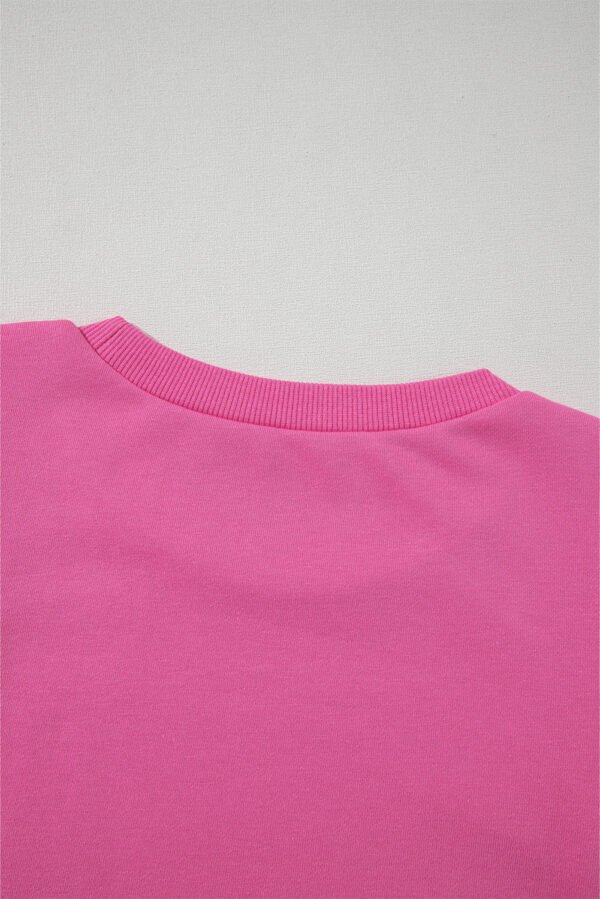 Bright Pink Textured Patchwork Round Neck Sweatshirt