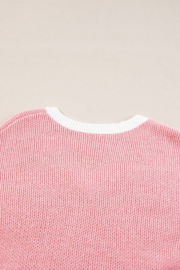 Pink Flower V Neck Dropped Shoulder Sweater