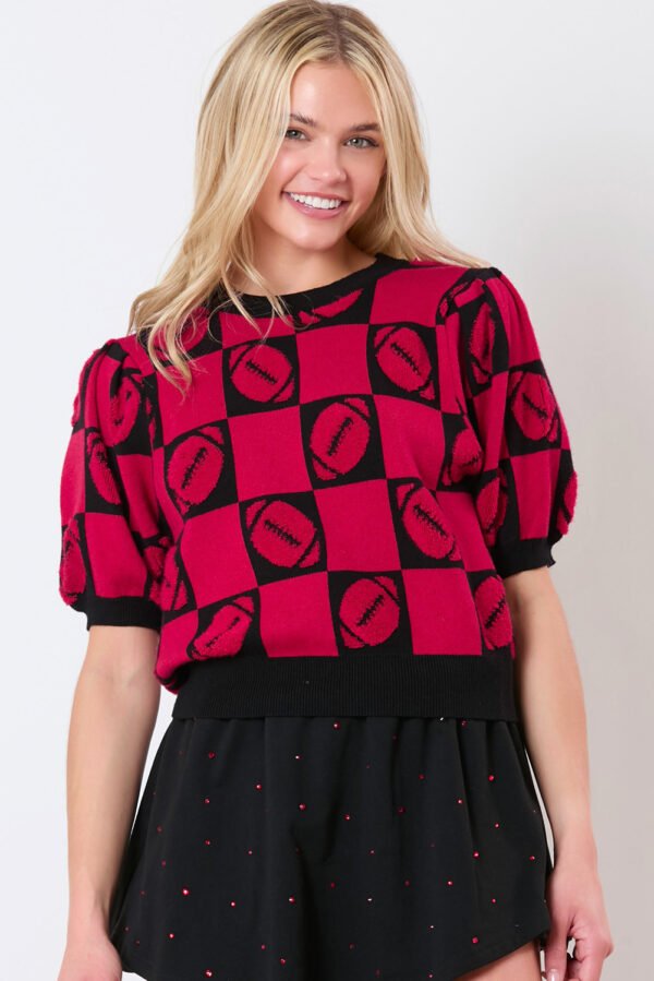 Red Rugby Plaid Color Block Puff Short Sleeve Sweater