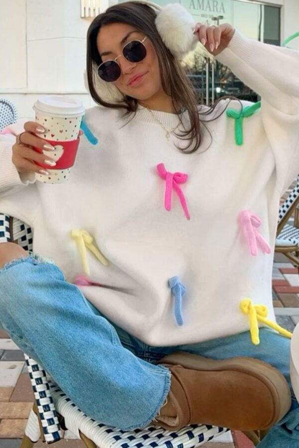 Beige Colorful Bow Knot Decor Crewneck Oversized Sweater