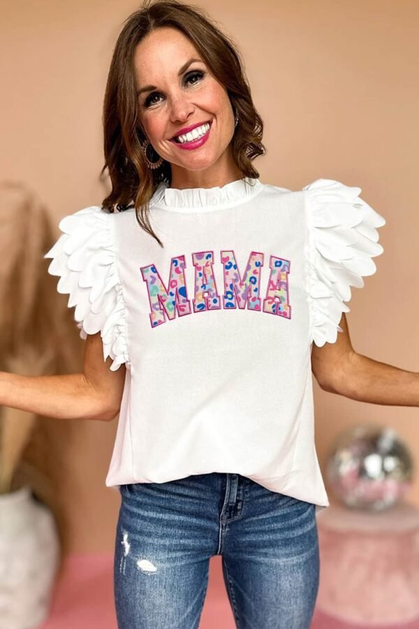 White MAMA Leopard Embroidered Layered Scalloped Sleeve Top