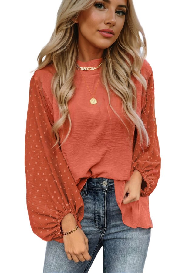 Russet Orange Swiss Dot Balloon Sleeve Loose Blouse