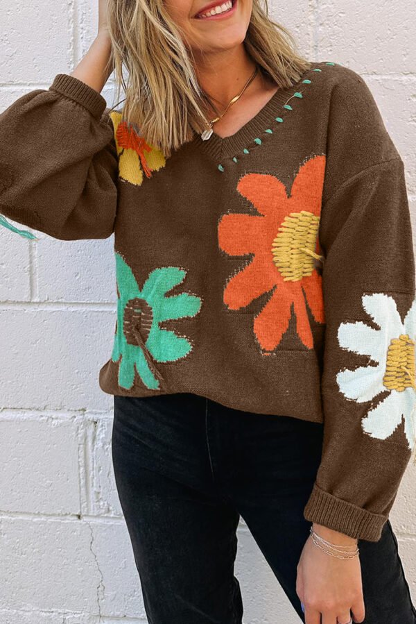 Coffee Big Flower Pattern V Neck Drop Shoulder Sweater