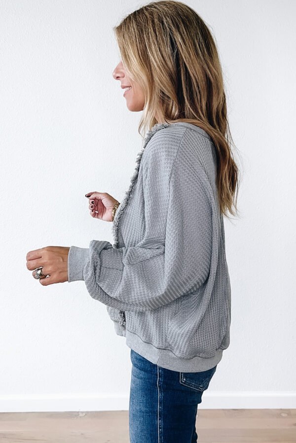 Light Grey Waffle Patchwork Long Sleeve Raw Hem Pullover Top