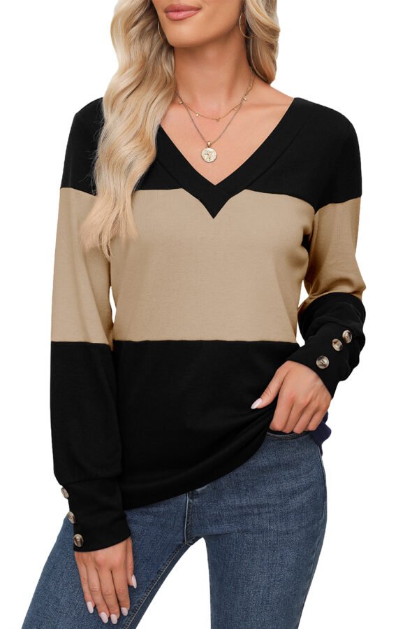 Parchment Colorblock Button Decor Long Sleeve V Neck Top