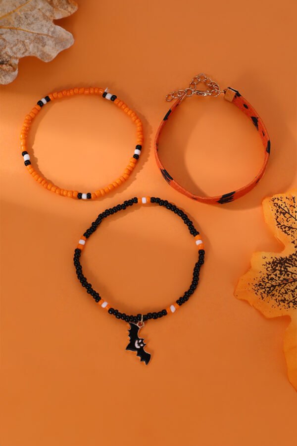 Russet Orange Halloween Bat Pendant Beaded Multi Layer Bracelet Set