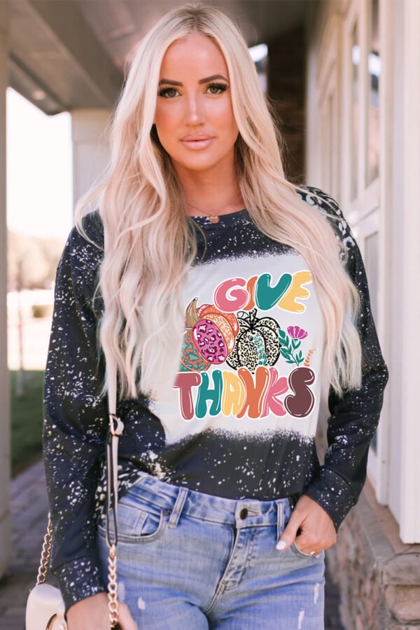 Black Bleached GIVE THANKS Leopard Pumpkin Printed Long Sleeve Top