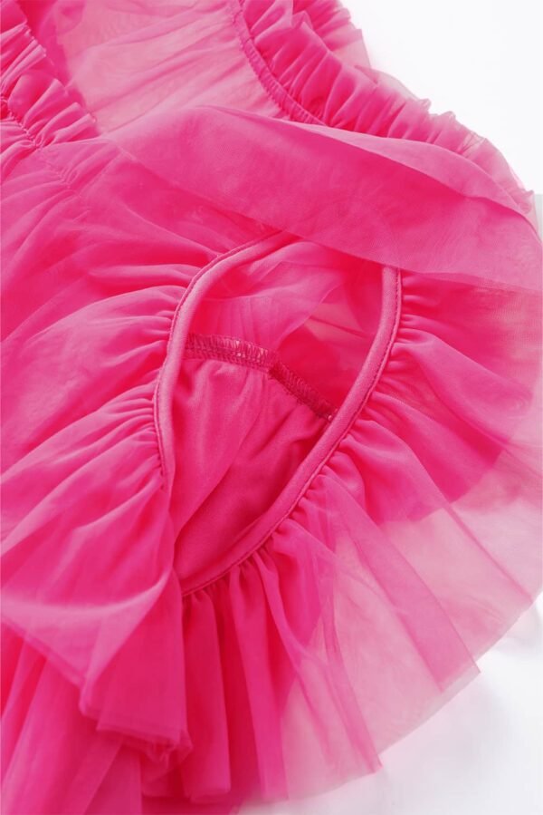 Strawberry Pink Tulle Ruffle Sleeve Flared Babydoll Blouse