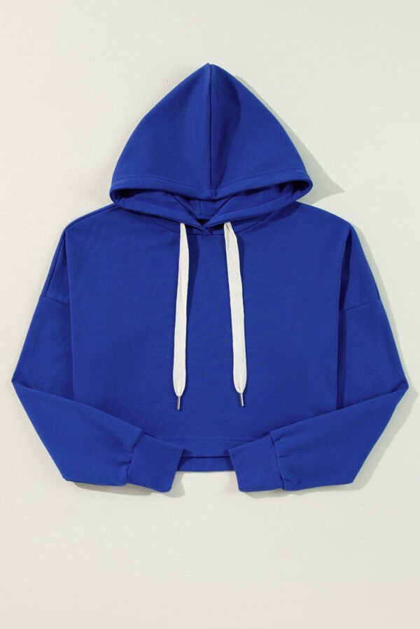 Dark Blue Solid Drop Shoulder Drawstring Cropped Hoodie