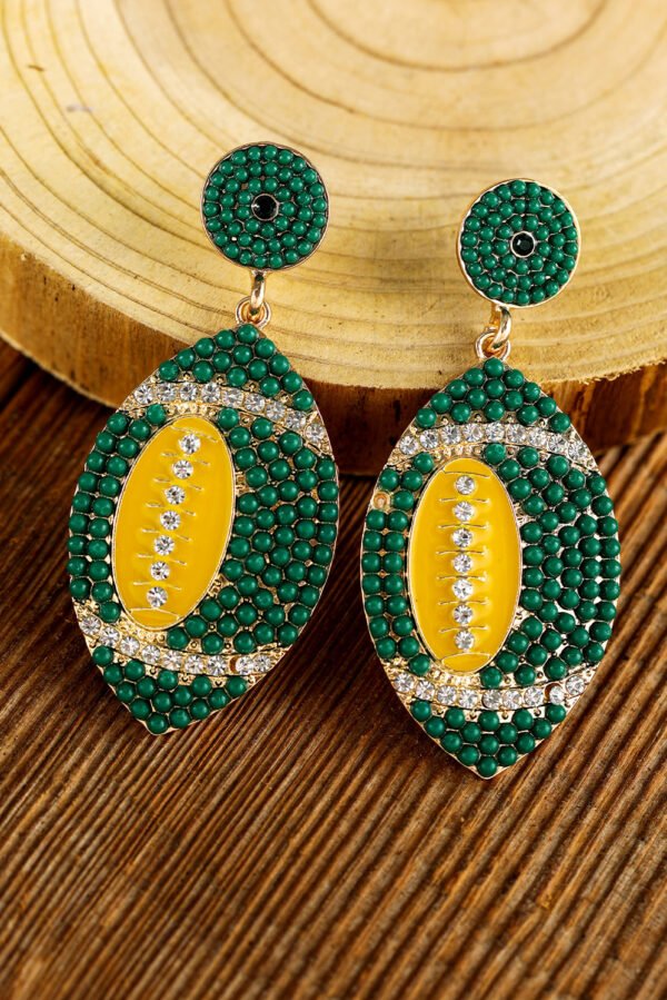 Dark Green Beaded Rhinestone Rugby Football Drop Earrings