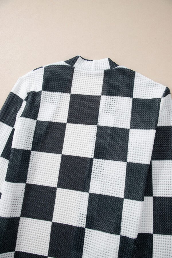 Black Checkered Waffle Knit Thumbhole Open Front Cardigan