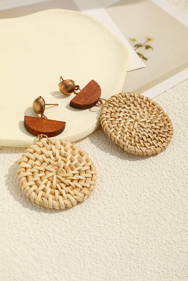 Beige Wooden Woven Disc Dangle Earrings