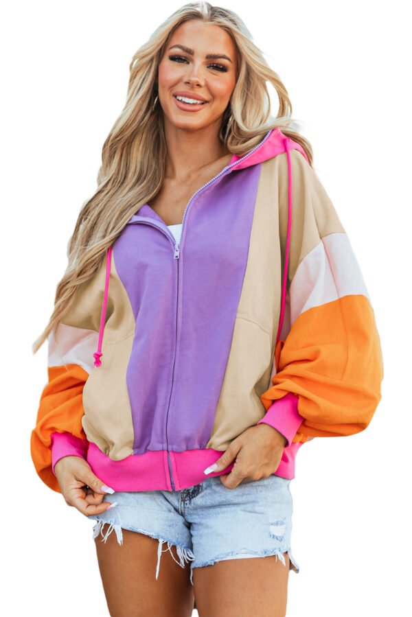 Grapefruit Orange Oversized Colorblock Patchwork Full Zipped Hoodie