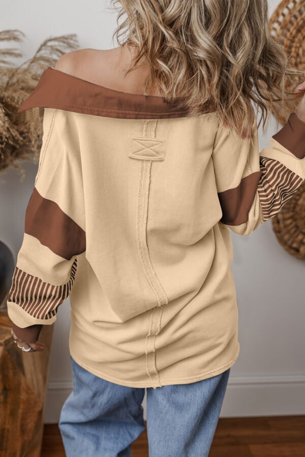 Light French Beige Striped Colorblock Patchwork Collar Sweatshirt