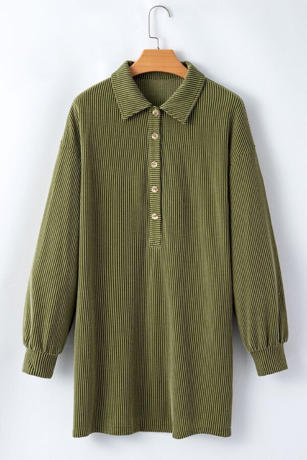 Moss Green Corded Buttons Placket Drop Shoulder Collared Shift Dress