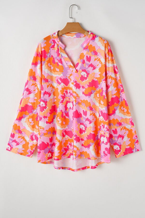 Pink Plus Size Abstract Floral Print V Neck Blouse