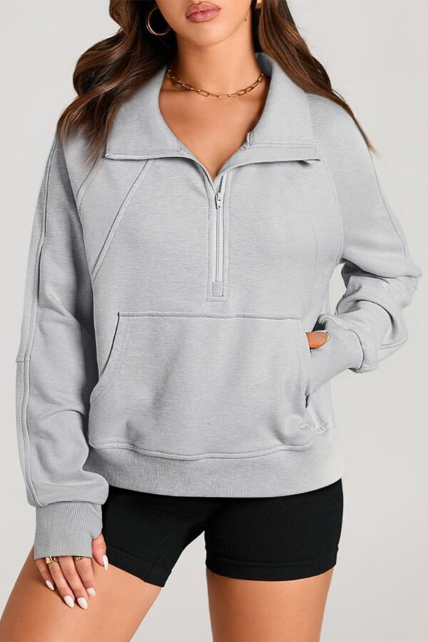 Light Grey Quarter Zip Stand Neck Kangaroo Pocket Sweatshirt