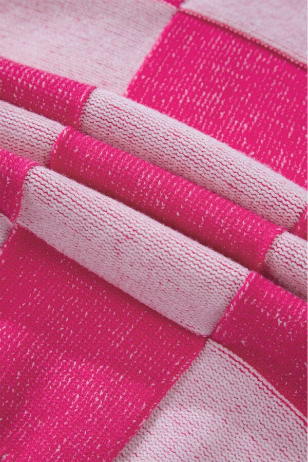 Pink Checkered Drop Shoulder Buttoned V Neck Cardigan