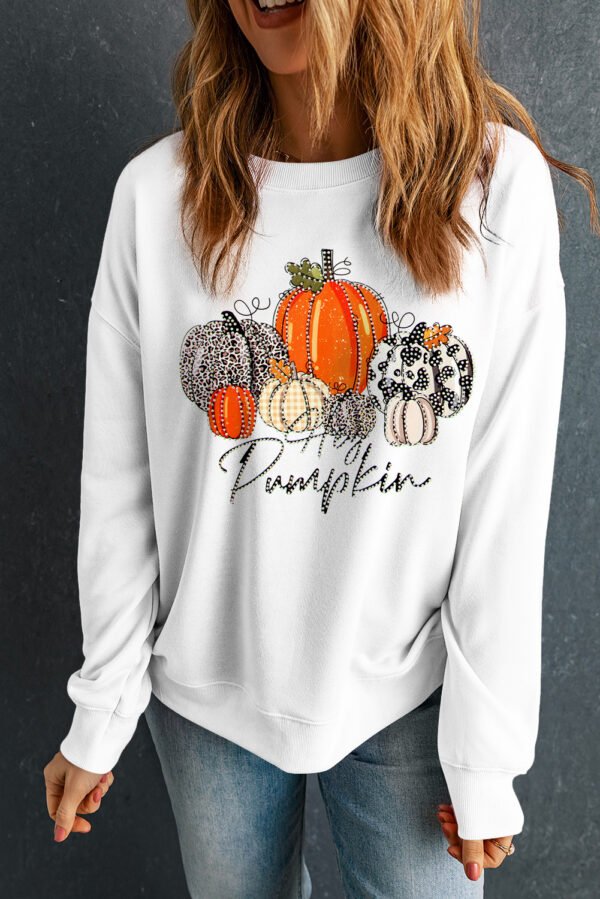 Beige Rhinestone Pumpkin Graphic Crewneck Thanksgiving Sweatshirt