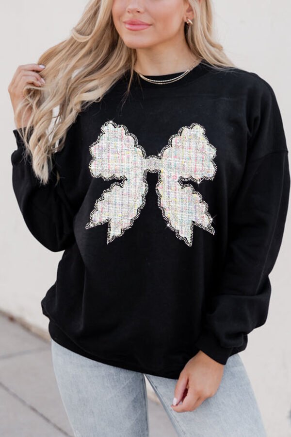 Black Rhinestone Decor Bowknot Graphic Pullover Sweatshirt