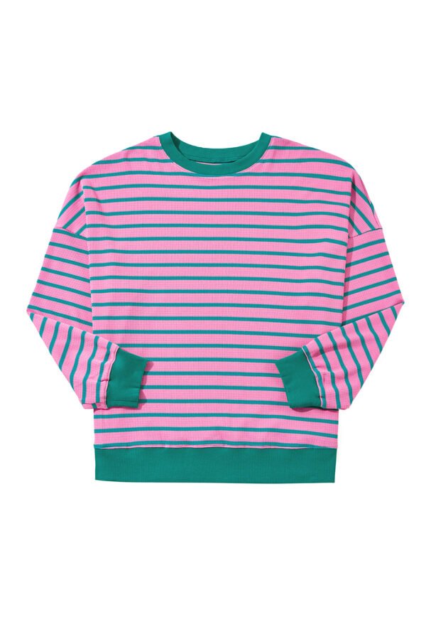 Pink Stripe Waffle Knit Crew Neck Plus Size Sweatshirt