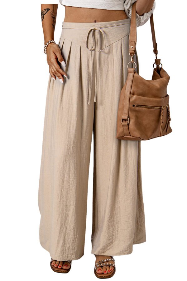 Beige Drawstring Waist Pleated Wide Leg Casual Pants