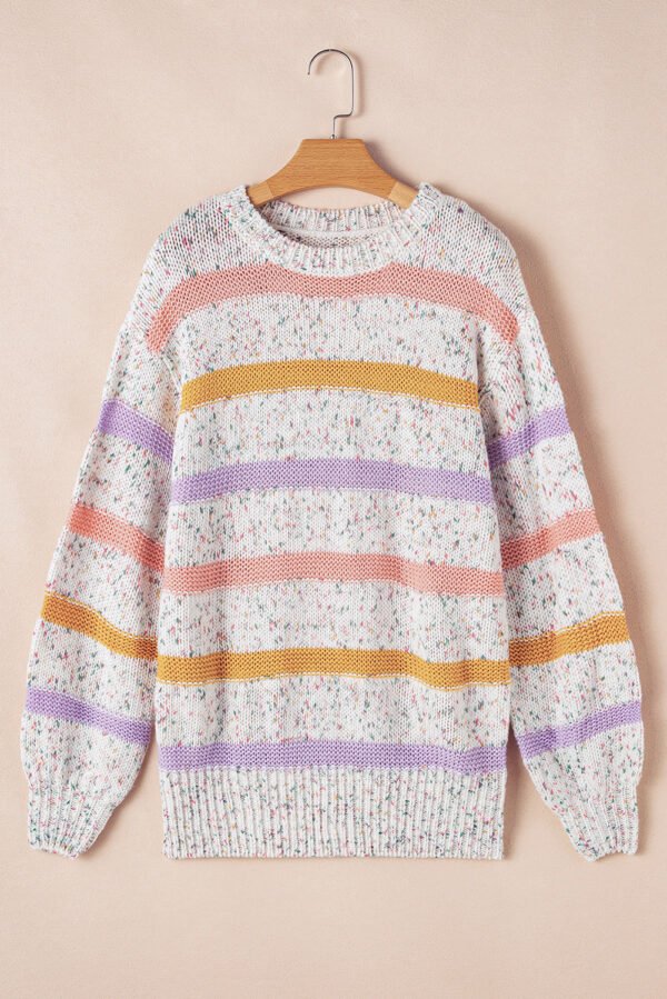 White Colorblock Confetti Stripe Lantern Sleeve Sweater