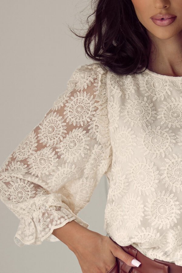 Oatmeal Flower Jacquard Button Back Ruffled 3/4 Sleeve Blouse