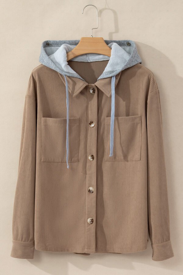 Pale Khaki Hooded Drawstring Pockets Corduroy Shacket