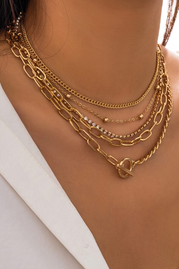 Gold 5pcs Layered Rhinestone Plated Chain Collarbone Necklaces Set