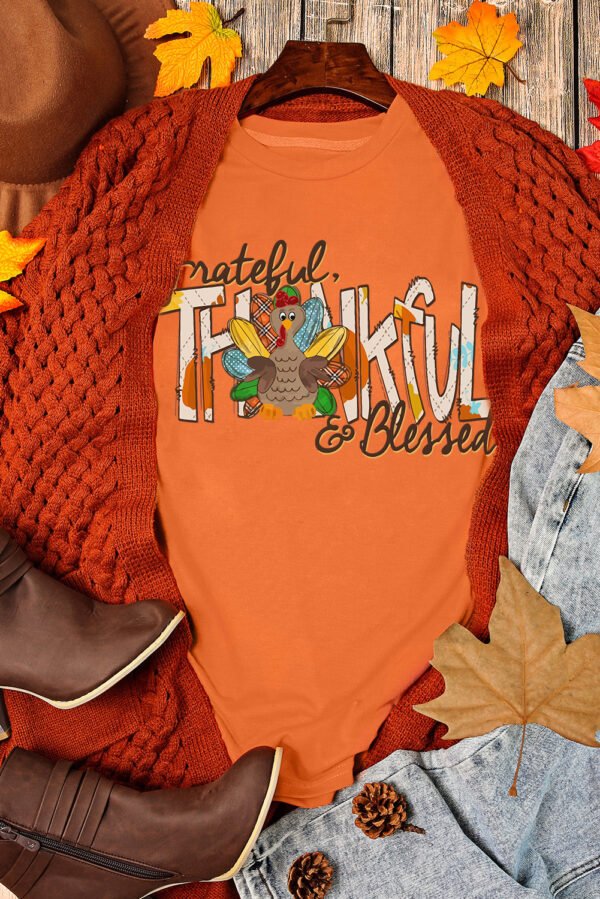 Orange Grateful Thankful Blessed Turkey Graphic Thanksgiving T Shirt