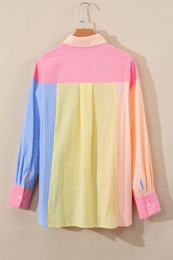 Pink Stripe Color Block Chest Pocket Oversized Shirt