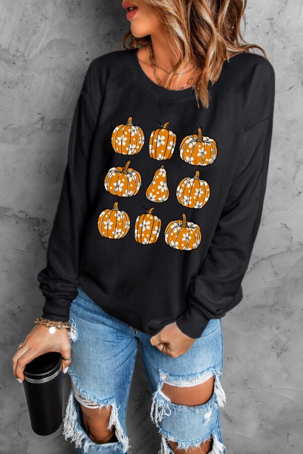 Black Floral Pumpkin Graphic Round Neck Halloween Sweatshirt