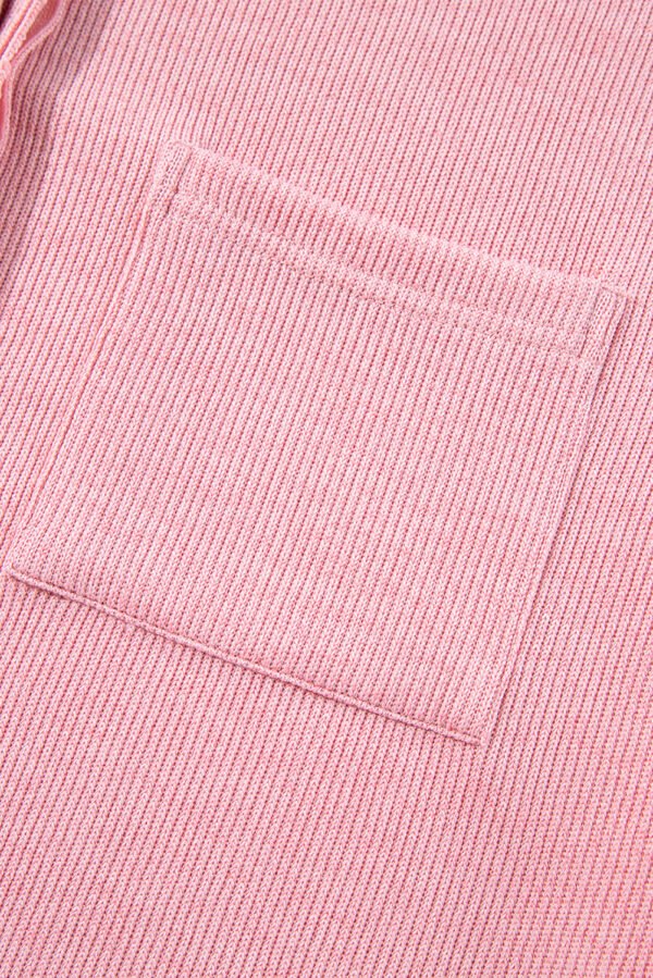 Pink Ribbed Knit Collared Henley Top with Chest Pocket