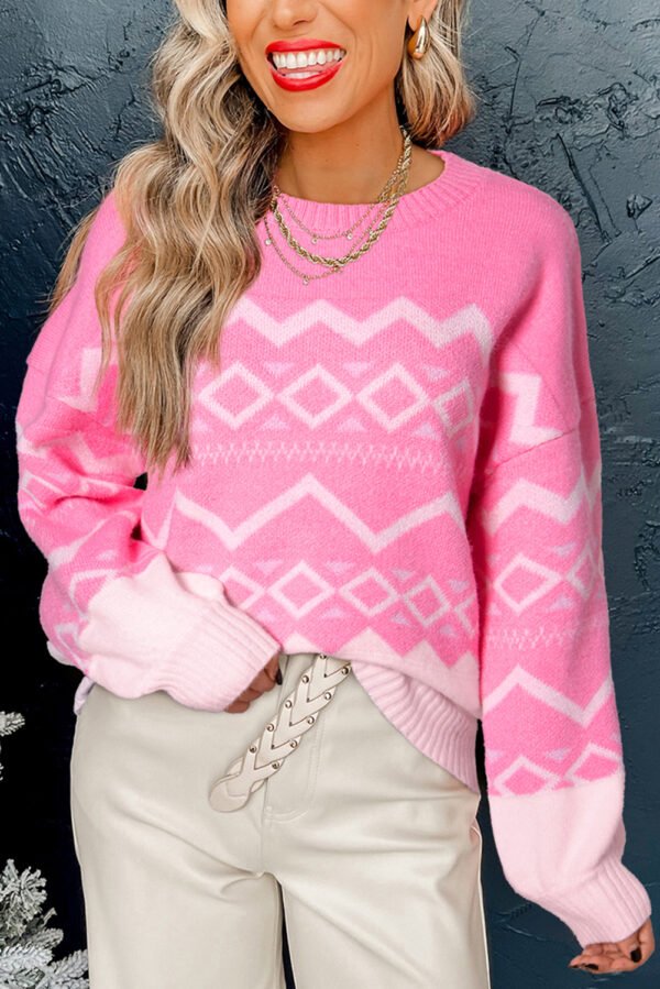 Pink Western Aztec Geometric Drop Shoulder Sweater