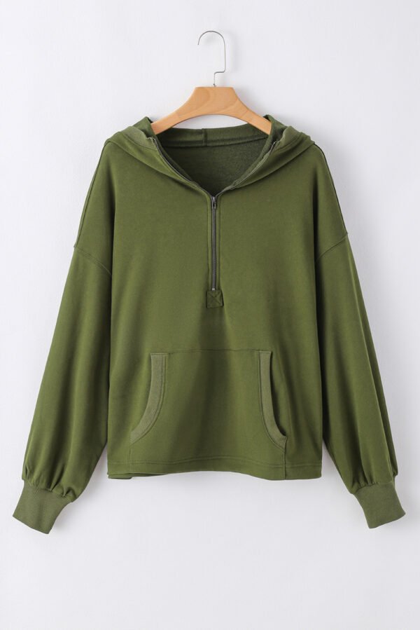 Moss Green Solid Kangaroo Pocket Half Zipper Oversized Hoodie